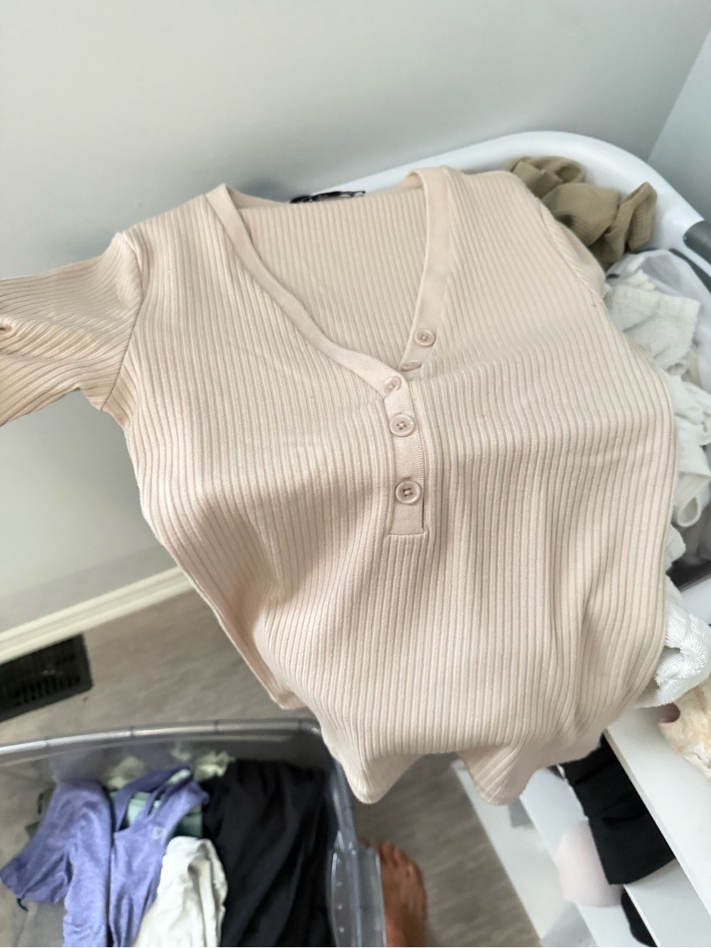 Dex Ribbed Button-Front Tank Top in Light Beige - Picture 2 of 3